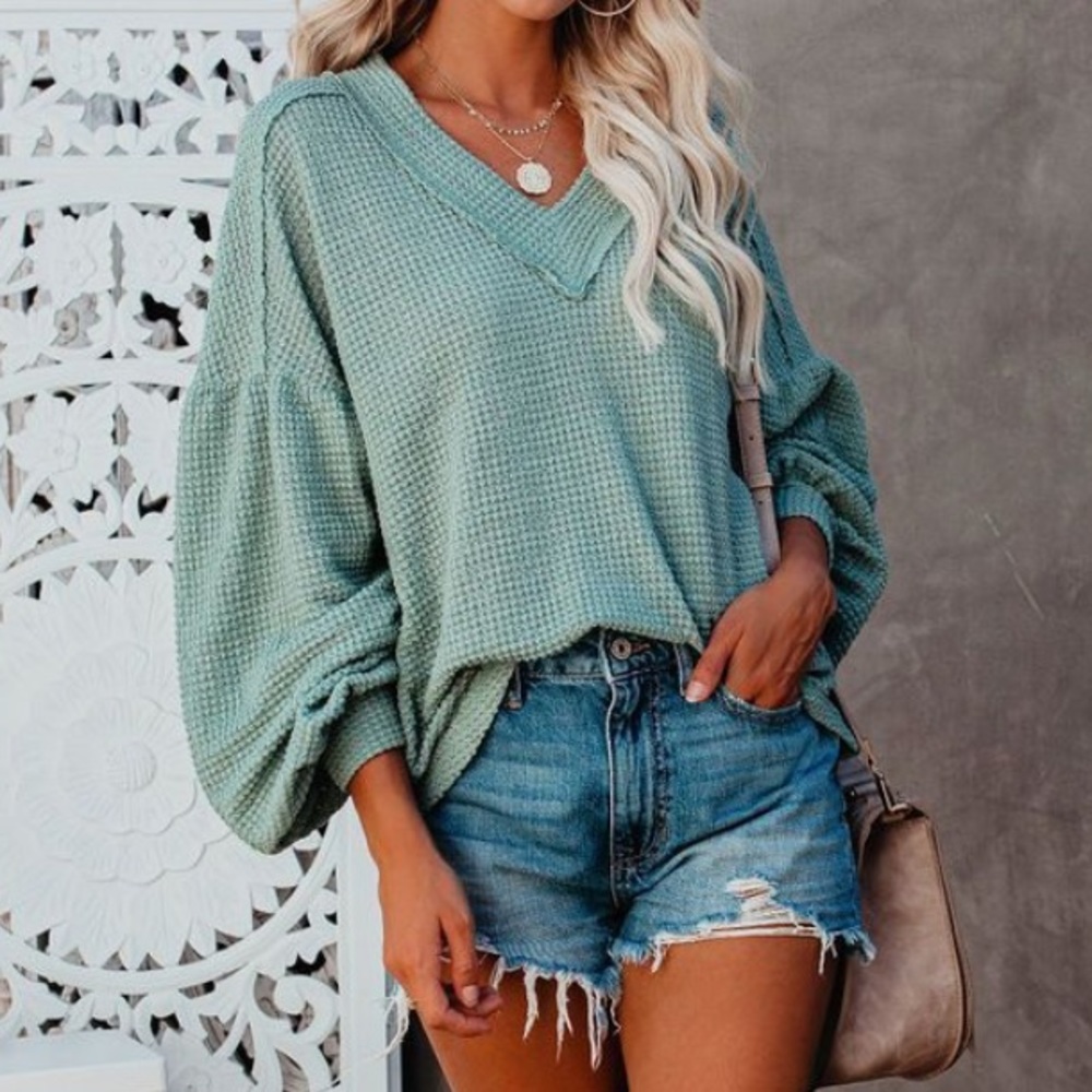 VICI Be Happy Billowed Sleeve Thermal Knit Top - Sage